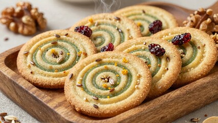 Fototapeta premium Baked goods artfully arranged on a wooden tray
