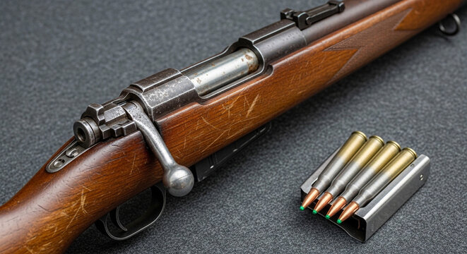 Vintage rifle with wooden stock and metal components displayed with ammunition