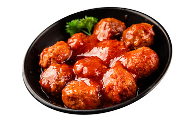 Fototapeta premium Meatballs tomato sauce meat dish beef, pork, or chicken and turkey meat main course cooking tasty snack fresh delicious gourmet food background on the table rustic food top view copy space