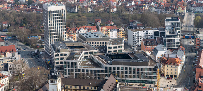 Skyline of Jena in the Saale Valley, Thuringia, Germany, featuring modern architecture and green surroundings at sunset &ndash; ideal for travel, urban, and European city concepts.