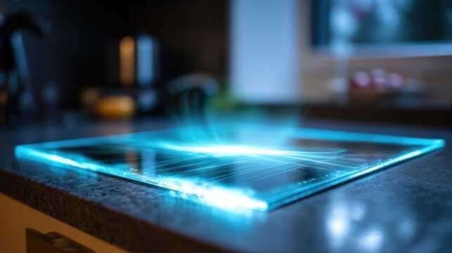 Illuminated modern cooking surface emits glowing blue energy signals above a dark countertop.