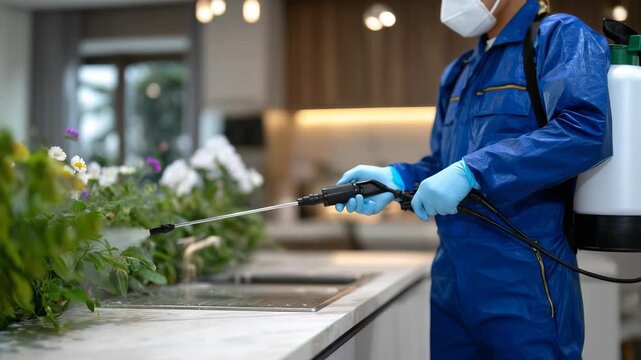 Detailed wide shot of a pest control worker facing right, torso-down visible, wearing protective coveralls and thick gloves, spraying disinfectant mist toward the left across a mod