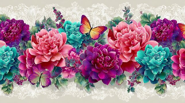 Floral border with vibrant pink and teal peonies and colorful butterflies on a lace background