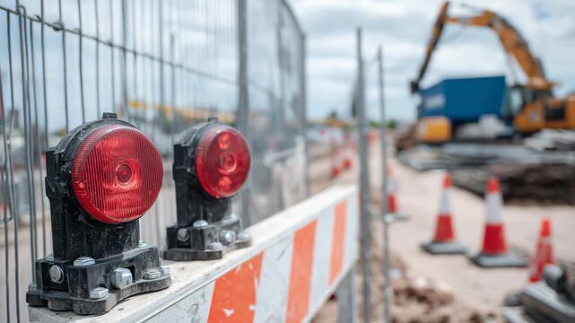 Extreme close-up of construction zone red warning lights atop barriers, detailed texture of plastic and metal bolts, reflective surfaces highlighting scratches and dust, softly blu