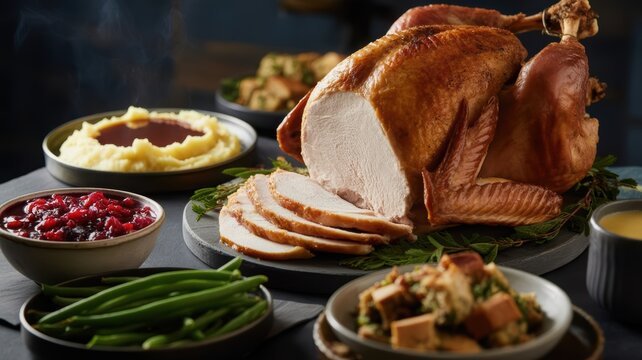 Roasted Turkey with Side Dishes Flat Lay on Dark Background
