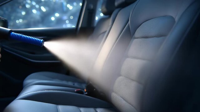 Low-angle interior shot highlighting gray rear seat vacuuming process, clean geometric lines of modern vehicle cabin, dust being removed from seat creases, cool-toned lighting emph