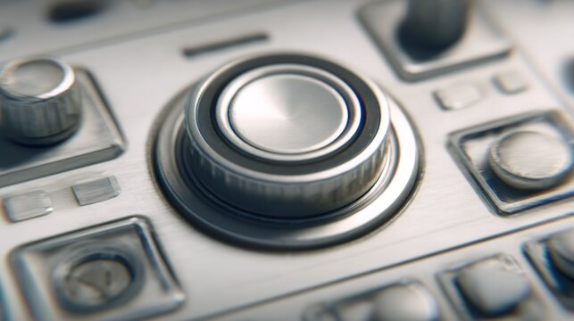 Close up view highlights the detailed metallic rotary encoder control on an electronic panel