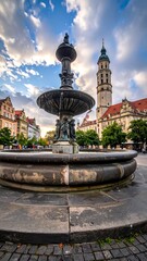 Fototapeta premium Stone fountain with intricate details in a historic town square, tall church tower, and buildings under a cloudy sky