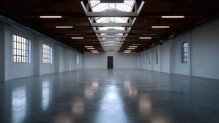 Fototapeta premium Vast empty industrial loft interior with polished concrete floor and abundant natural light from skylights