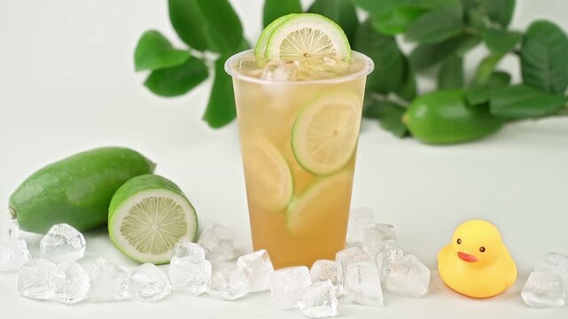 Refreshing summer cold drink iced green lemon tea splashing with drops, fresh citrus slices, scattered ice cubes and cute yellow rubber duck on white background