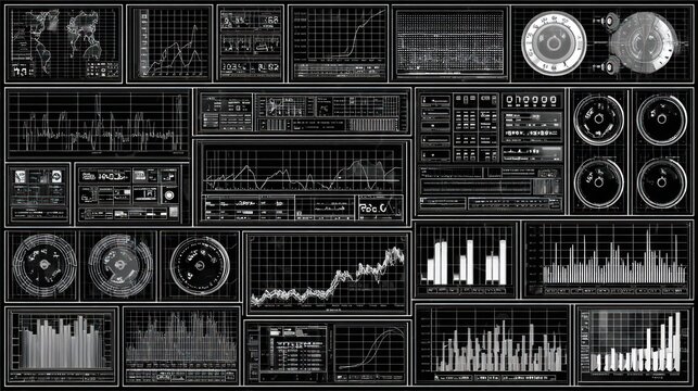 Complex digital interface displays numerous white line graphs dials and data readouts against a black background