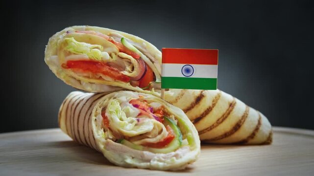 Twirling spicy kathi roll sliced in half with tender tikka chicken, crisp salad, tomatoes, cucumbers, green, sauce and India flag