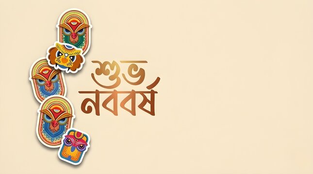 Bengali New Year Celebration Background with Traditional Panta Ilish Food, Folk Mask, and Festive Cultural Elements on Soft Cream Texture.
