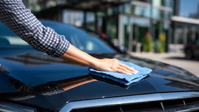 Macro of sponge applying protective wax to car hood, creamy polish forming streak-free layer