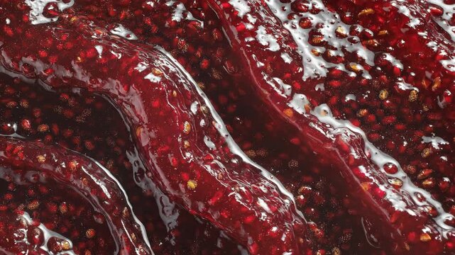 Thick strawberry jam being stirred in close up view. Sweet red fruit preserve with berry seeds for dessert topping. Texture of viscous fruit spread background.