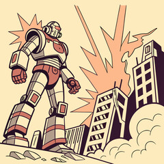 Giant robot destroying city buildings, comic book style illustration, the illustration is done in a retro comic book style, sci fi, science fiction