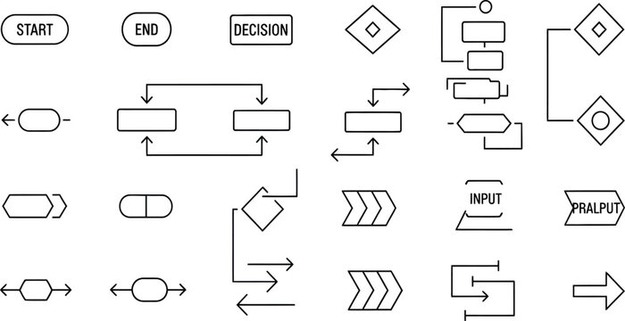 Collection of black and white flowchart symbols representing processes and decision points in diagrams
