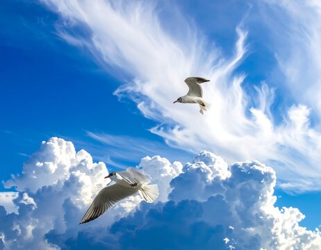 Two seagulls soar beneath a bright blue sky filled with voluminous white clouds