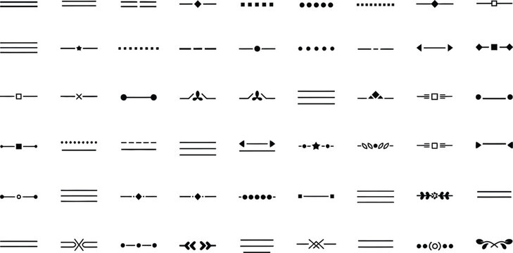 Numerous horizontal line dividers and separator icons are displayed in a grid on a white background.