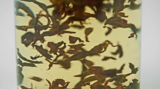 Macro close up of dark loose leaf tea swirling and expanding in golden amber liquid on white background, traditional hot beverage brewing process