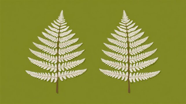 Two stylized pale botanical fronds symmetrically displayed against a solid muted green background