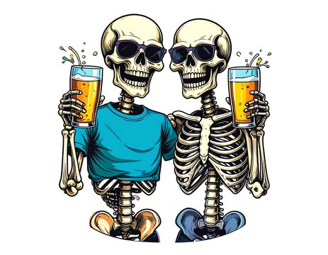 Two skeletons wearing sunglasses raising beers in a cartoon style illustration