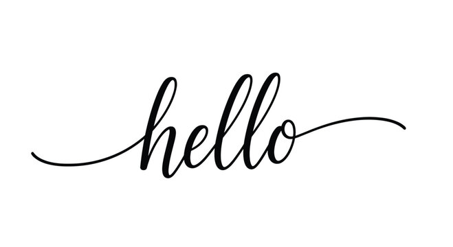 word hello is written in an elegant black cursive script with long flowing lines to create a welcoming and artistic hand-drawn greeting design.