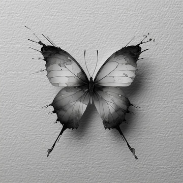 Artystyczna grafika motyla w skali szarości z efektownymi chlapnięciami tuszu. Minimalistyczna kompozycja na teksturowanym, jasnym papierze.