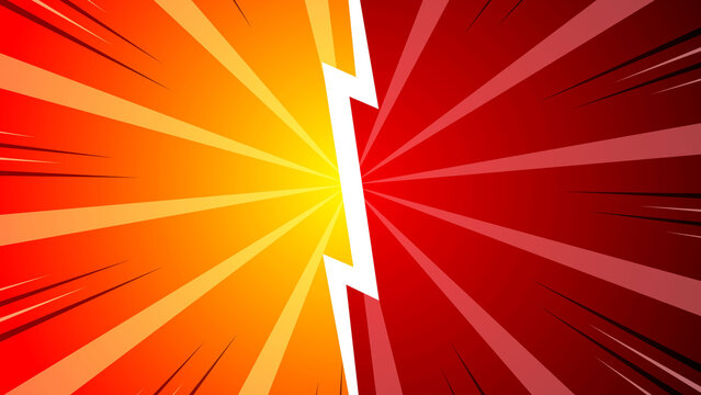 Vibrant comic book-style illustration of a lightning bolt splitting orange and red sunburst rays on a white background