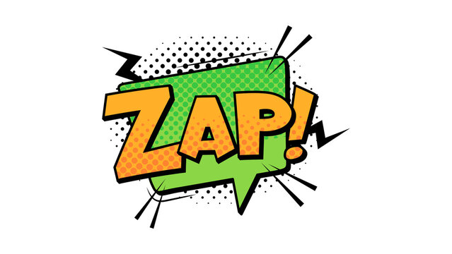 Vibrant comic book-style illustration of the word 'ZAP!' in bold orange letters on a bright green speech bubble with dynamic black lines and dots on a white background