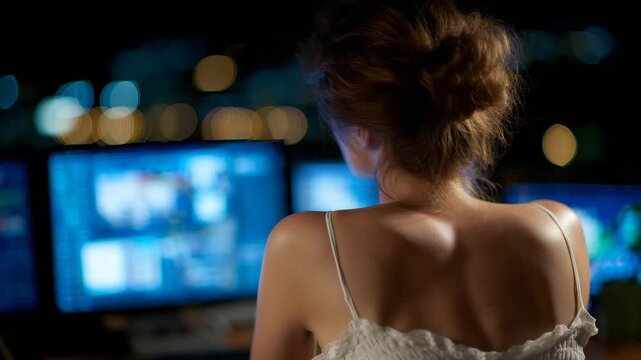 Over-the-shoulder perspective of a tired woman staring at multiple open windows on her monitor, slouched posture and strained gaze, cool blue light outlining her silhouette in a da