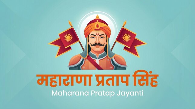 Maharana Pratap Jayanti celebration portrait of rajput king with traditional attire and flags honoring indian heritage culture pride poster design