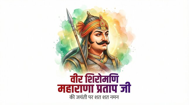 Maharana Pratap Jayanti tribute illustration of rajput warrior with spear traditional attire honoring indian history culture pride festival poster design