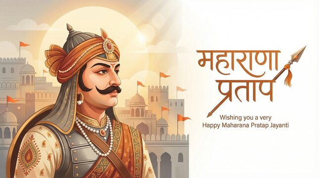 Maharana Pratap Jayanti royal warrior portrait with historic fort background and traditional attire celebrating indian heritage culture pride greeting design