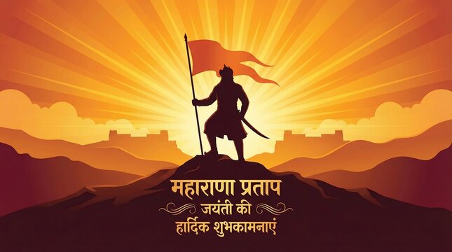 maharana pratap jayanti warrior on horse silhouette with flag sunset india heritage pride culture historical celebration greeting banner design