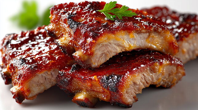 Soczyste żeberka BBQ w lśniącej glazurze, ułożone piętrowo i udekorowane listkiem pietruszki. Idealnie upieczone mięso na jasnym tle.