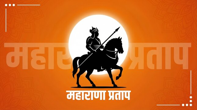 Maharana Pratap Jayanti silhouette horse rider with spear against glowing sun indian heritage culture celebration background for greeting banner design