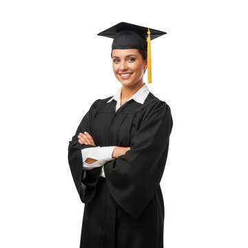 Smiling graduate woman in cap and gown isolated on transparent background