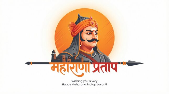 Maharana Pratap Jayanti portrait illustration with fort and spear indian heritage culture tribute background for festival greeting banner design