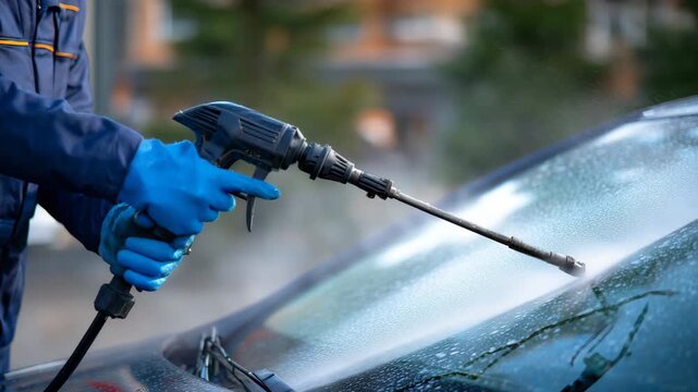 Side-angle close up of steam gun cleaning windshield, fine vapor rising above the surface, gloved hand pressing trigger, streak-free windshield reflecting soft garage light, high-d