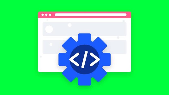 Animated Gear and Browser Window with Coding Symbols on Green Screen.