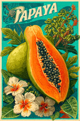 Egzotyczny plakat vintage z papają, białymi kwiatami i liśćmi na turkusowym tle. Stylizowana grafika botaniczna o nasyconych kolorach.