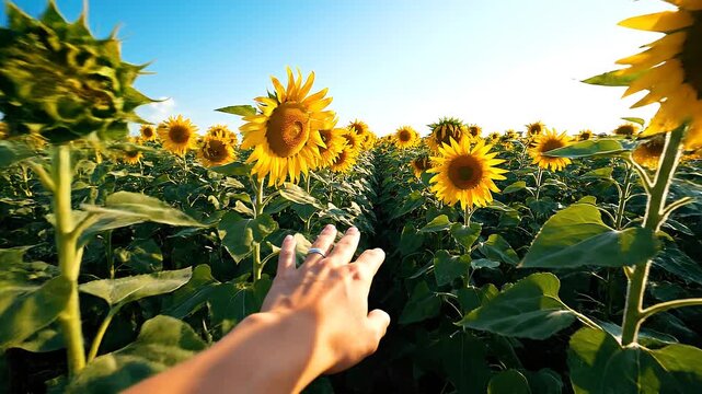 Hand reaching out to touch a field of bright yellow sunflowers under a clear blue sky, capturing the essence of summer and nature's beauty