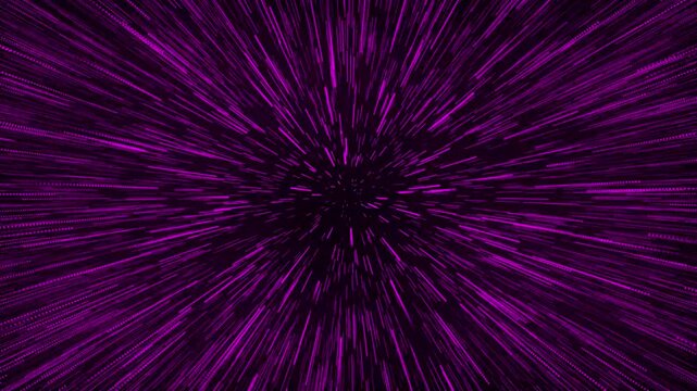 Magenta purple starlight travel through cyberspace tunnel. Abstract fast motion speed effect in dark galaxy. Hyperspace dimension background for digital video projection.