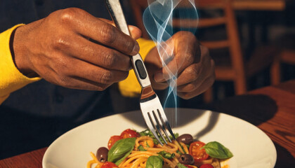 Fototapeta premium Fresh pasta food technology styled plate basil tomato olive fork twirl