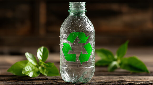 Plastikowa butelka z symbolem recyklingu na drewnianym tle, otoczona zielonymi liśćmi. Symbol dbałości o naszą planetę i czystą naturę.