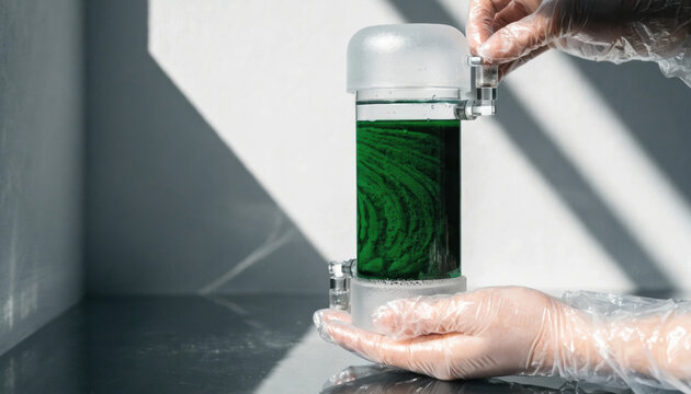 Green algae biofilm in glass bioreactor food technology experiment in bright lab