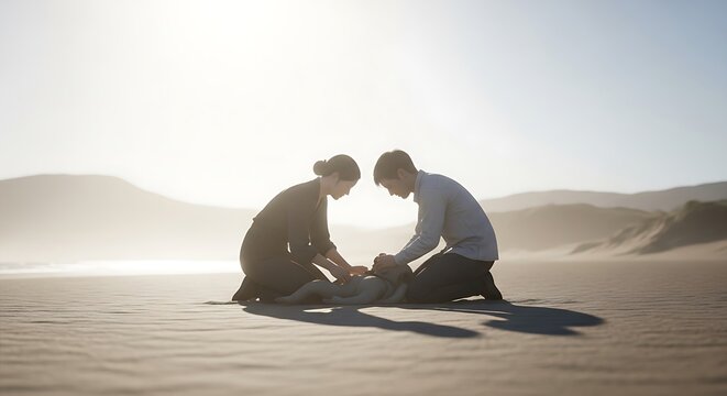 Couple Kneeling in Desert Landscape Examining Something on the Sand.