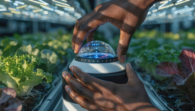 Smart agriculture sensor monitoring food technology indoor vertical farm with hands tending