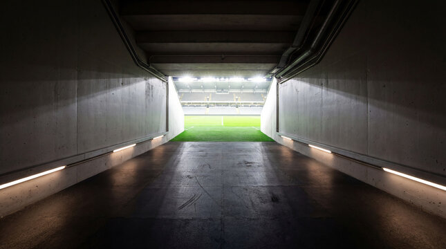 Tunnel entrance leading to outdoor sports stadium soccer field. View from dark player passage to bright grass pitch arena. International professional football championship event concept.